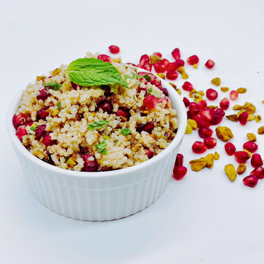 pom quinoa with pistachos and mint